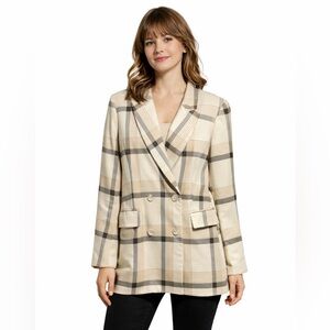 Maison D’Amelie Wool Blend Plaid Double Breasted Blazer Cream Gray M